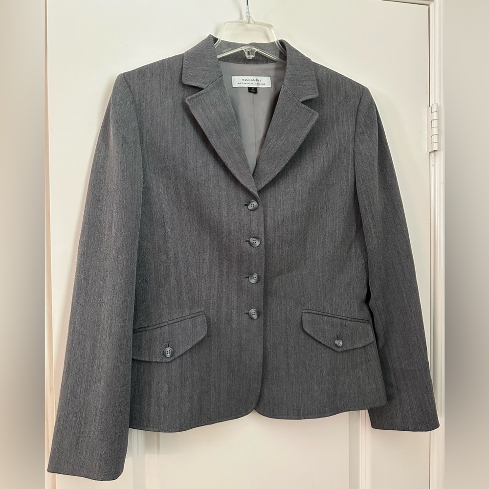 Tahari Arthur S Levine Grey Herringbone Button Down Blazer Classic Sz 12